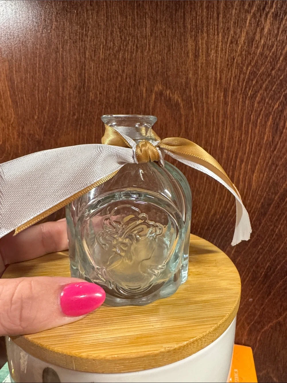 Clear decorative bud vase/votive with elegant lady